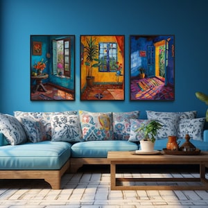 Set Of Three Mexican Wall Art, Colorful Mexican House And Window Painting Canvas PRINT, Traditional Wall Decor Ready To Hang