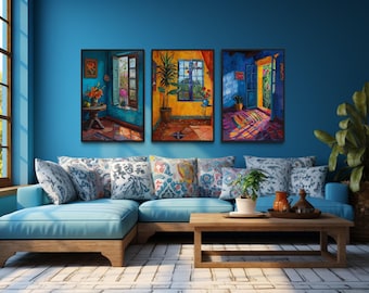Set Of Three Mexican Wall Art, Colorful Mexican House And Window Painting Canvas PRINT, Traditional Wall Decor Ready To Hang