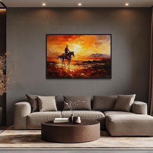 Cowboy Riding A Horse In The Desert At Sunset Painting Canvas Print - Western Wall Art, Wild West Wall Art Framed Ready To Hang