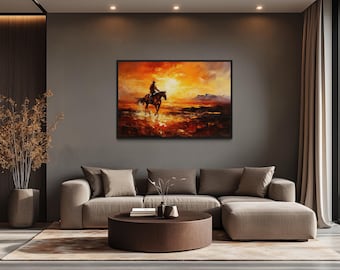 Cowboy Riding A Horse In The Desert At Sunset Painting Canvas Print - Western Wall Art, Wild West Wall Art Framed Ready To Hang