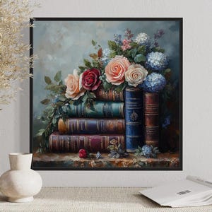 A framed painting of a bouquet of flowers and books is displayed on a wall, with a vase of dried flowers and a book on a shelf below it.