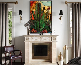 Cactus Wall Art - Stained Glass Style Cactus in Desert Painting Canvas PRINT, Southwestern Artwork Ready To Hang