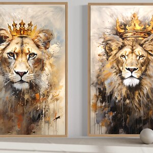 Lion and Lioness Wall Art, Set of 2 King Queen With Crowns Gold Beige ...