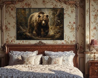 Bear In The Forest Vintage Painting Canvas Print - Wildlife For Cabin, Lodge Wall Art Framed Or Unframed Ready To Hang