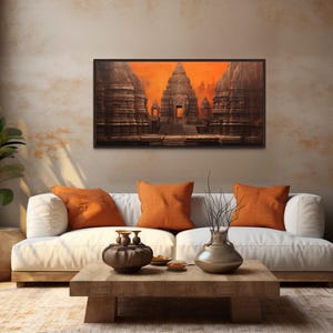 Indian Wall Art, Indian Temple Painting Canvas PRINT, Orange Brown Colroful Art, Architecture Wall Decor Framed Ready To Hang