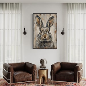 Easter Wall Art, Rustic Rabbit Painting On Wood Canvas PRINT, Rustic Bunny Farmhouse, Cabin Wall Decor, Lodge Decor Framed Ready to Hang