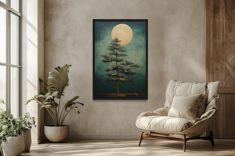 a serene indoor setting with a large framed painting of a tree under a full moon hanging on the wall. The painting is surrounded by potted plants, creating a tranquil and natural atmosphere. In the foreground, there is a comfortable chair, and the room is illuminated by natural light coming through a window.