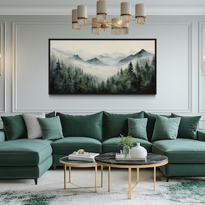 Foggy Sage Green Forest Watercolor Painting Canvas PRINT, Nature Wall Art, Peaceful Landscape Framed Ready To Hang