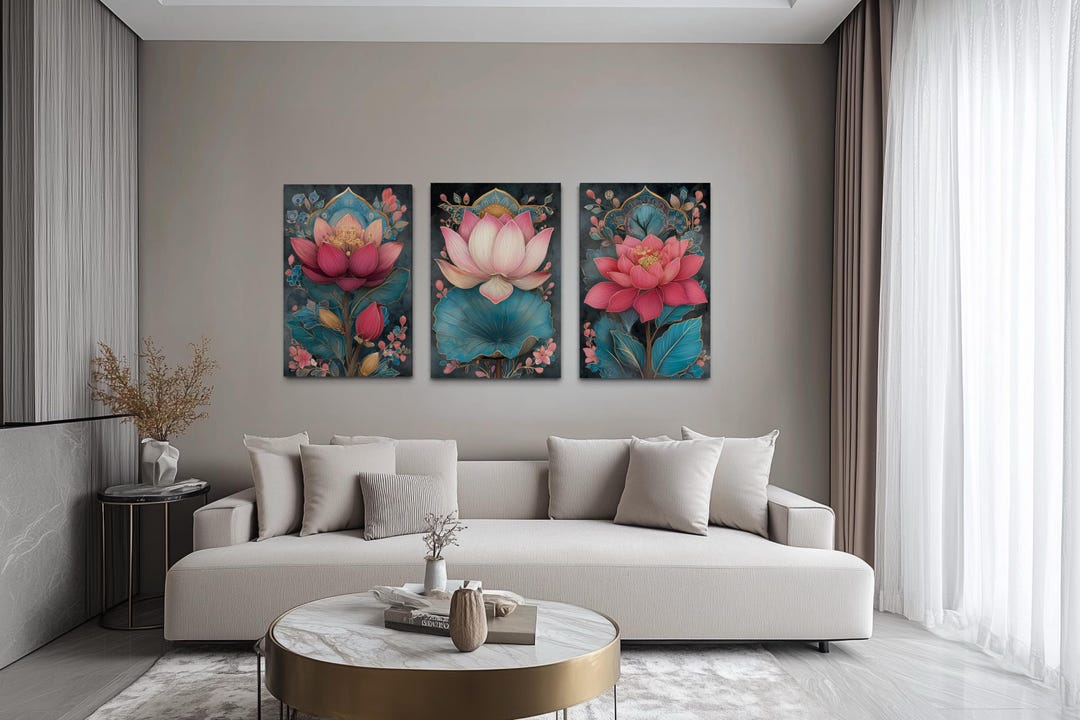 Zen Lotus Flower Set of 3 Canvas Wall Art – Pink and Teal Floral ...