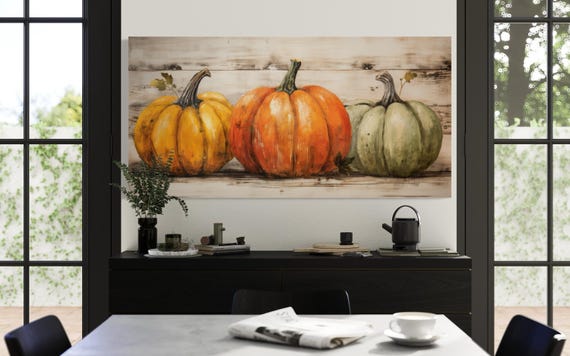 Rustic Farmhouse Kitchen Wall Art, Autumn Decor,  Three Pumpkins Painting Canvas PRINT,  Dining Room Wall Decor, Framed Ready To Hang