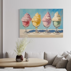 Ice Cream Wall Art, Pastel Soft Serve Dessert Painting Canvas Print, Retro Kitchen Decor Framed Ready To Hang