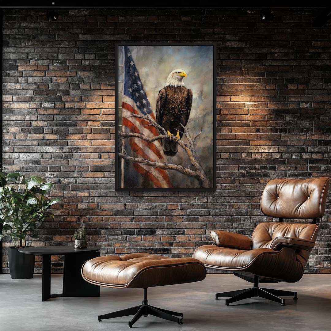 Bald Eagle With American Flag Wall Art Patriotic Eagle Perched