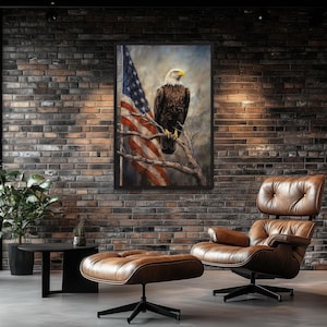 Bald Eagle With American Flag Wall Art - Patriotic Eagle Perched On Branch Rustic Painting Canvas Print - Framed Or Unframed Ready To Hang