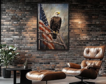 Bald Eagle With American Flag Wall Art - Patriotic Eagle Perched On Branch Rustic Painting Canvas Print - Framed Or Unframed Ready To Hang