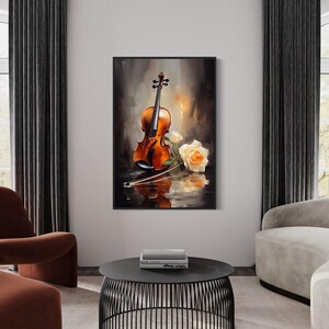 a living room with a framed painting of a violin and a rose on the wall, a white sofa, a red armchair, and a black coffee table.