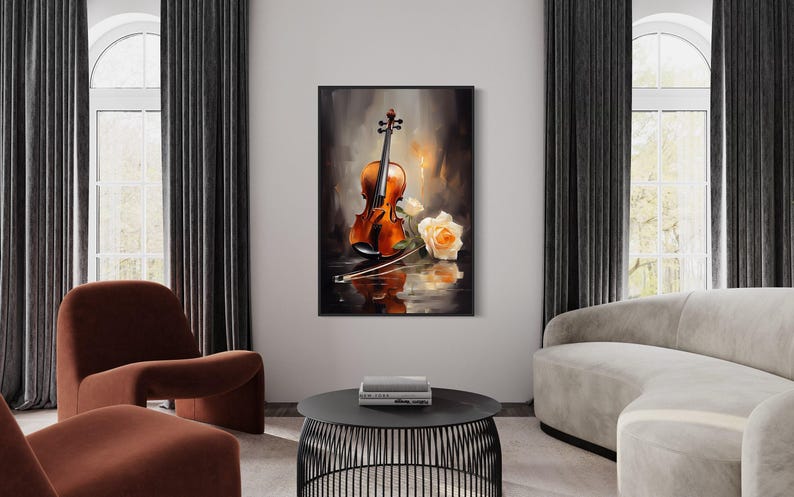 a living room with a framed painting of a violin and a rose on the wall, a white sofa, a red armchair, and a black coffee table.