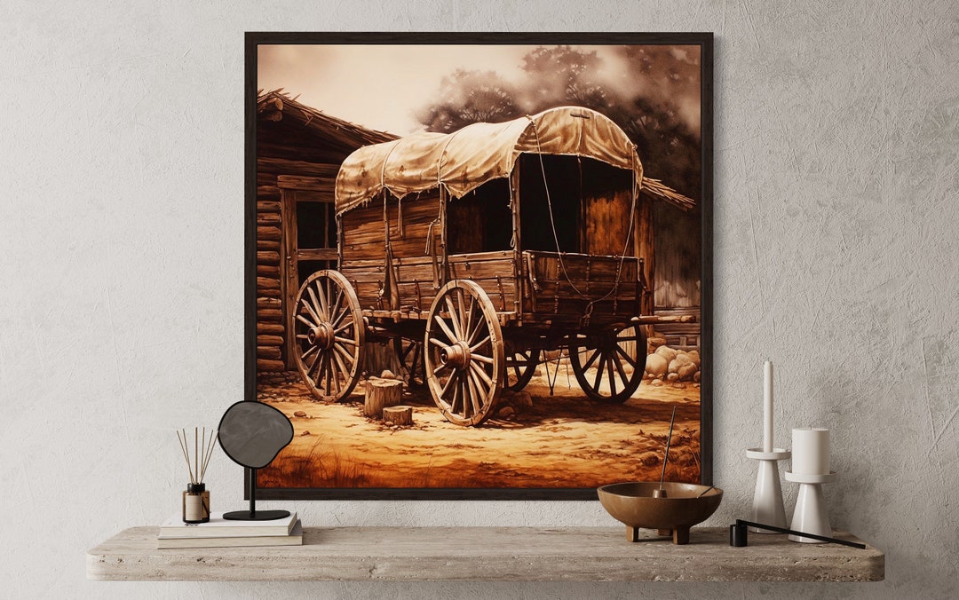 Cowboy Wall Art, Chuckwagon Painting Canvas PRINT, Retro Wild West ...
