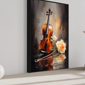 a framed painting of a violin and a rose, placed on a shelf next to two white vases.