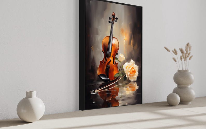 a framed painting of a violin and a rose, placed on a shelf next to two white vases.