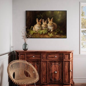 Three Cute Bunnies in The Forest, Rabbits Painting Canvas PRINT, Easter Decor, Wildlife Wall Art, Cabin Cottagecore Framed Ready To Hang