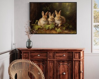 Three Cute Bunnies in The Forest, Rabbits Painting Canvas PRINT, Easter Decor, Wildlife Wall Art, Cabin Cottagecore Framed Ready To Hang