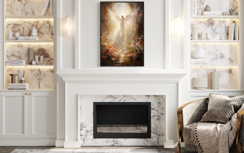 a living room with a fireplace, a bookshelf, and a painting of an angel. The painting is hanging above the fireplace, which is located in the center of the room. The bookshelf is on the left side of the room, and the fireplace is on the right side. The room has a modern and elegant design, with white walls and marble accents.