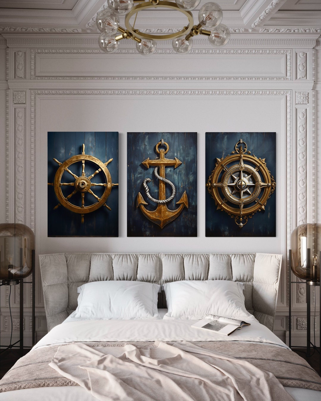 Nautical Wall Art Set of Three Maritime Prints Navy Blue Gold Coastal