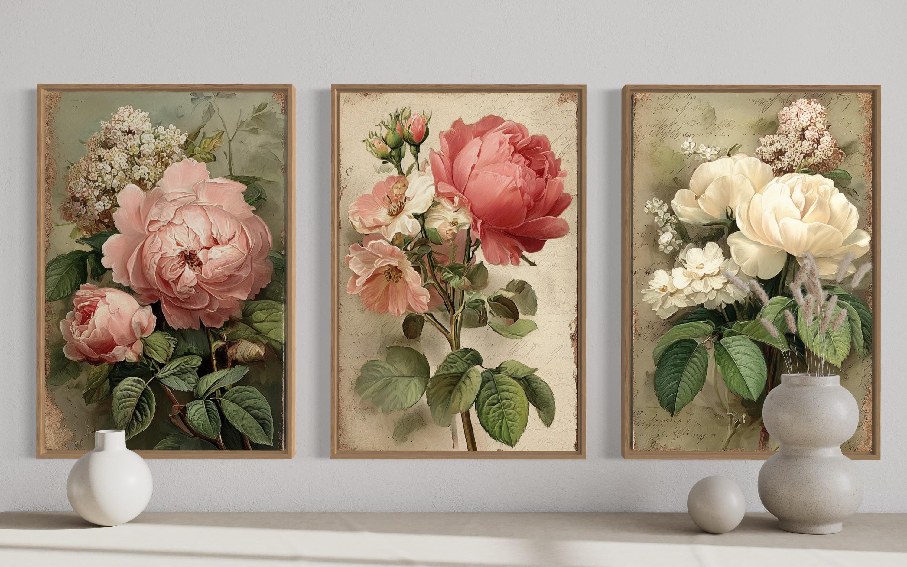 Shabby Chic Floral Wall Art Set of 3, Vintage Rose Botanical Prints ...