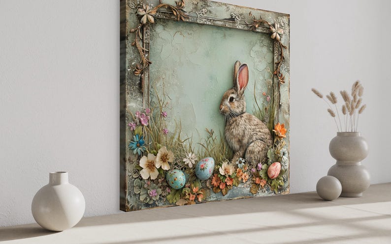 a large, ornate frame with a painting of a rabbit sitting in a grassy field surrounded by flowers and Easter eggs. The frame is placed on a shelf, and there are two white vases and a small white bowl on the shelf as well.