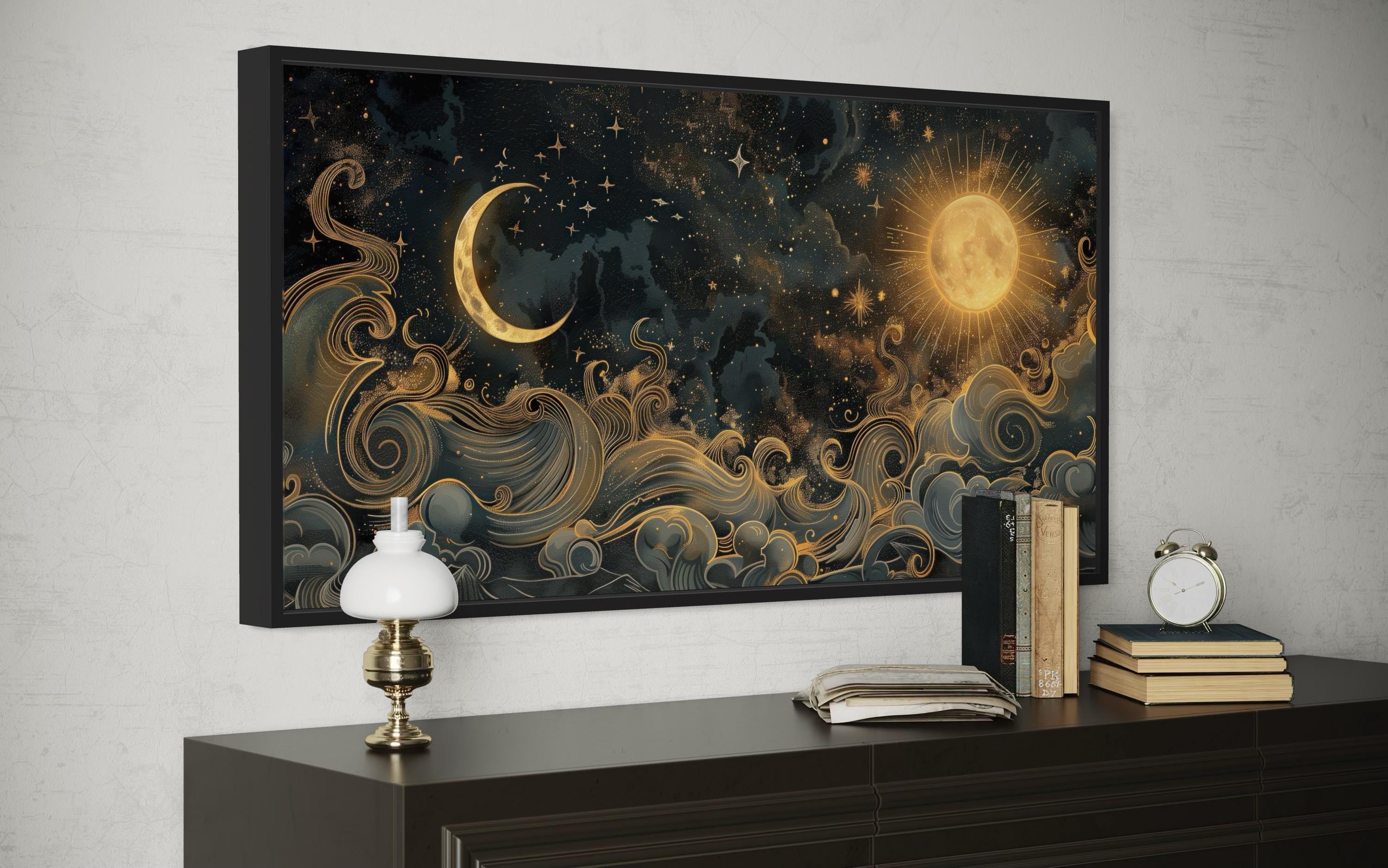 Black Gold Sun and Moon Wall Art, Celestial Painting Canvas PRINT, Sun ...