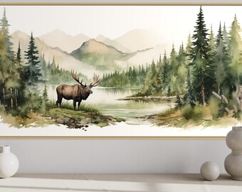 Moose In The Wilderness Landscape Watercolor Painting, Minimalist  Forest Mountain Wall Art, Nature Canvas PRINT, Farmhouse, Nursery Art