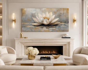 White Gold Lotus Wall Art, Abstract Neutral Lotus Flower Painting Canvas PRINT, Zen Living Room Wall Decor Ready To Hang