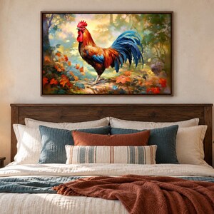 May include: A rectangular wall art print featuring a vibrant rooster with red, orange, and blue feathers standing in a forest setting with autumn leaves. The artwork is framed in a dark brown border and displayed above a wooden headboard.