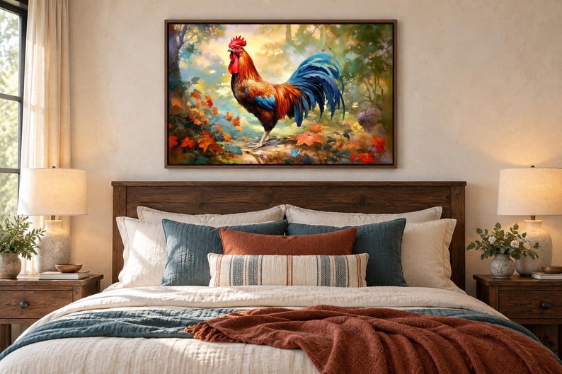 May include: A rectangular wall art print featuring a vibrant rooster with red, orange, and blue feathers standing in a forest setting with autumn leaves. The artwork is framed in a dark brown border and displayed above a wooden headboard.
