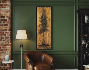 Tall Narrow Vertical Wall Art Pine Tree Painted On Wood Slice Canvas PRINT, Rustic Cabin Decor, Rustic Lodge Decor Ready To Hang