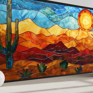 Arizona Desert Wall Art - Stained Glass Style Sonoran Desert And Saguaro Painting Canvas PRINT, Southwest Decor, Ready To Hang