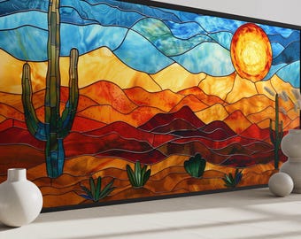 Arizona Desert Wall Art - Stained Glass Style Sonoran Desert And Saguaro Painting Canvas PRINT, Southwest Decor, Ready To Hang