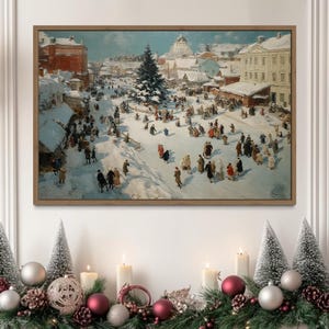 Antique Winter Village Scene Wall Art – Vintage Christmas Market Canvas Print, Classic Holiday Snow Painting for Seasonal Home Décor