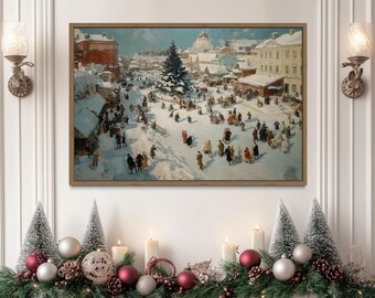 May include: A framed winter landscape painting depicting a snowy town square bustling with people. The artwork, in muted tones, features buildings, a Christmas tree, and figures in winter attire. The painting is displayed above a festive garland with ornaments and candles.