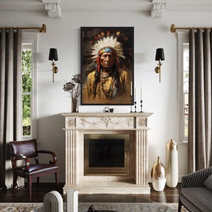 Indian Chief Colorful Painting Canvas PRINT, Native American Indigenous Chief Wall Art Framed Ready To Hang