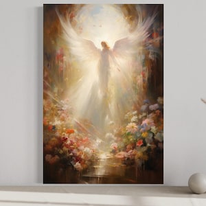 a large painting of an angel with outstretched wings, surrounded by a vibrant floral scene. The painting is displayed on a wall, with a vase of flowers and a small white sculpture placed in front of it.