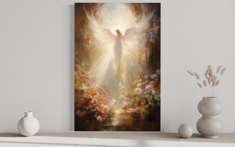 a large painting of an angel with outstretched wings, surrounded by a vibrant floral scene. The painting is displayed on a wall, with a vase of flowers and a small white sculpture placed in front of it.