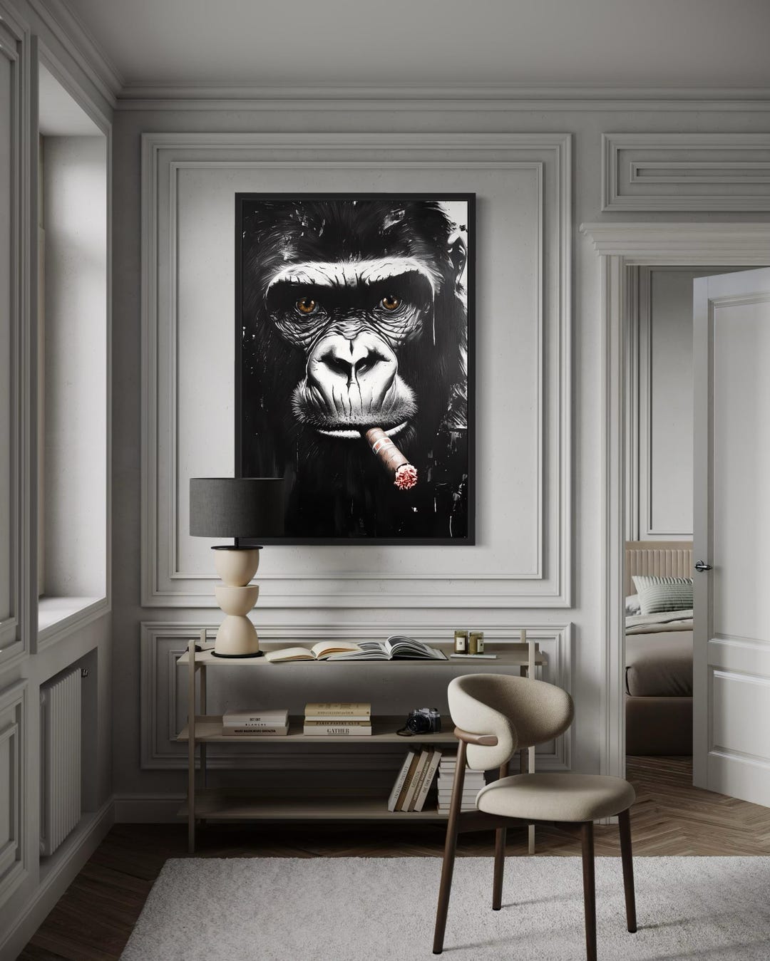 Black White Gorilla Smoking Cigar Canvas Wall Art, Bold Statement