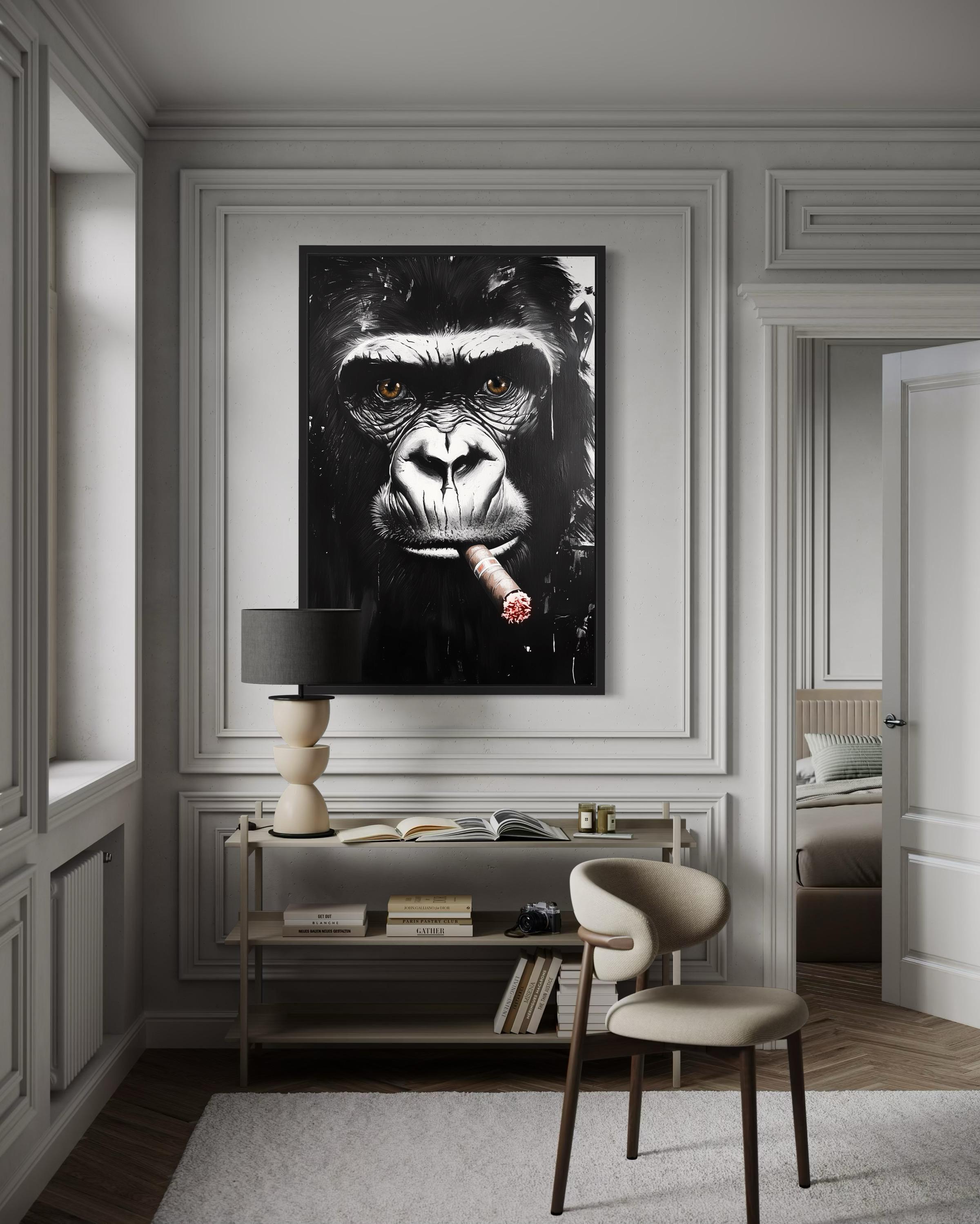 Black White Gorilla Smoking Cigar Canvas Wall Art, Bold Statement
