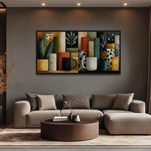 Library Wall Decor – Books And Coffee Mugs Abstract Canvas Print, Cozy Reading Nook Wall Art, Mid Century Modern Framed Book Lover Artwork