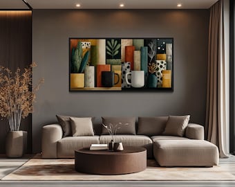 Library Wall Decor – Books And Coffee Mugs Abstract Canvas Print, Cozy Reading Nook Wall Art, Mid Century Modern Framed Book Lover Artwork