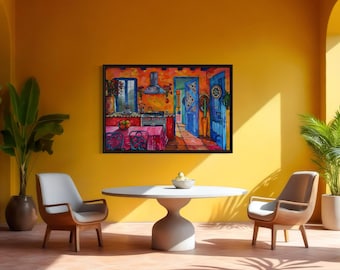 Mexican Kitchen Wall Art - Colorful Vibrant Folk Style Art Painting - Bright Southwest Decor Canvas Print Framed Ready To Hang