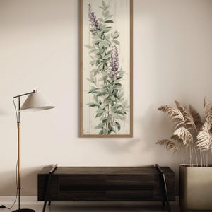 Tall Narrow Wall Art Basil Sage Green Leaves Purple Flowers Painting Canvas PRINT, Long Vertical Botanical Kitchen Wall Art Ready To Hang