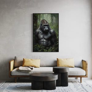 a large, dark-colored gorilla sitting in a lush, green forest setting, with a minimalist and modern living room setting in the foreground.