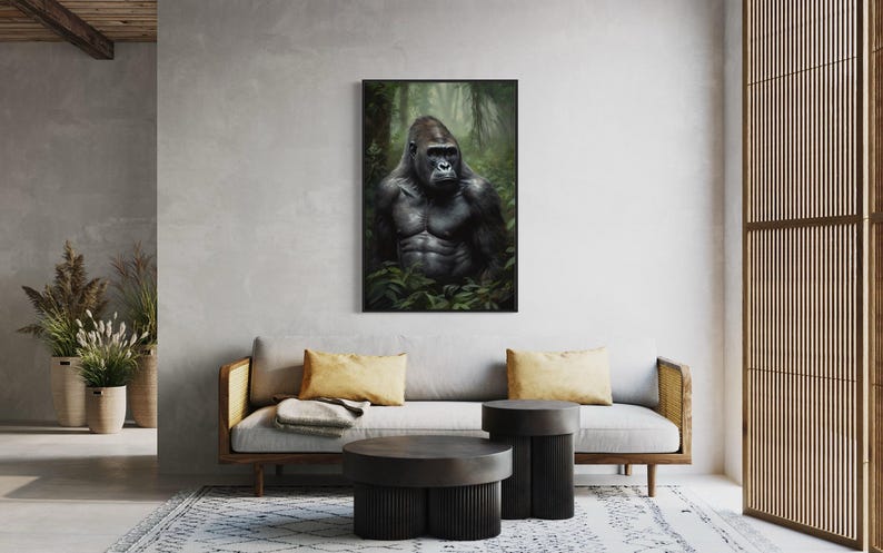 a large, dark-colored gorilla sitting in a lush, green forest setting, with a minimalist and modern living room setting in the foreground.